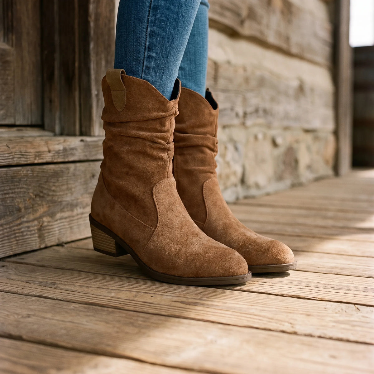 DrapeStrider | Ruched Calf-Height Slouch Boots