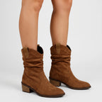 DrapeStrider | Ruched Calf-Height Slouch Boots