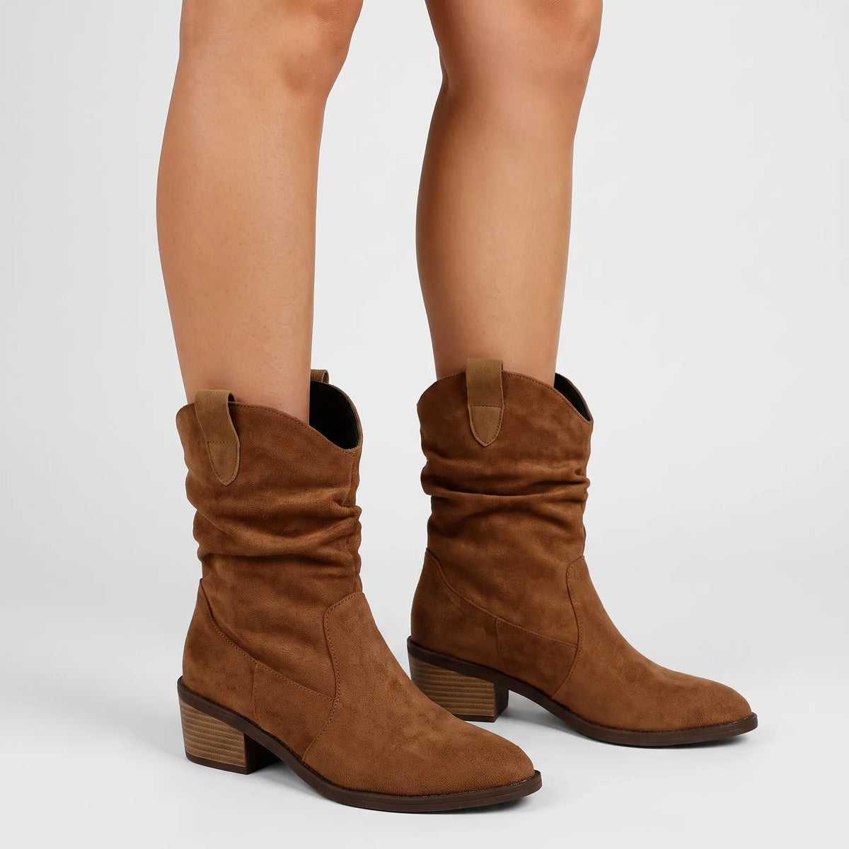 DrapeStrider | Ruched Calf-Height Slouch Boots