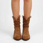 DrapeStrider | Ruched Calf-Height Slouch Boots