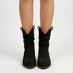 DrapeStrider | Ruched Calf-Height Slouch Boots