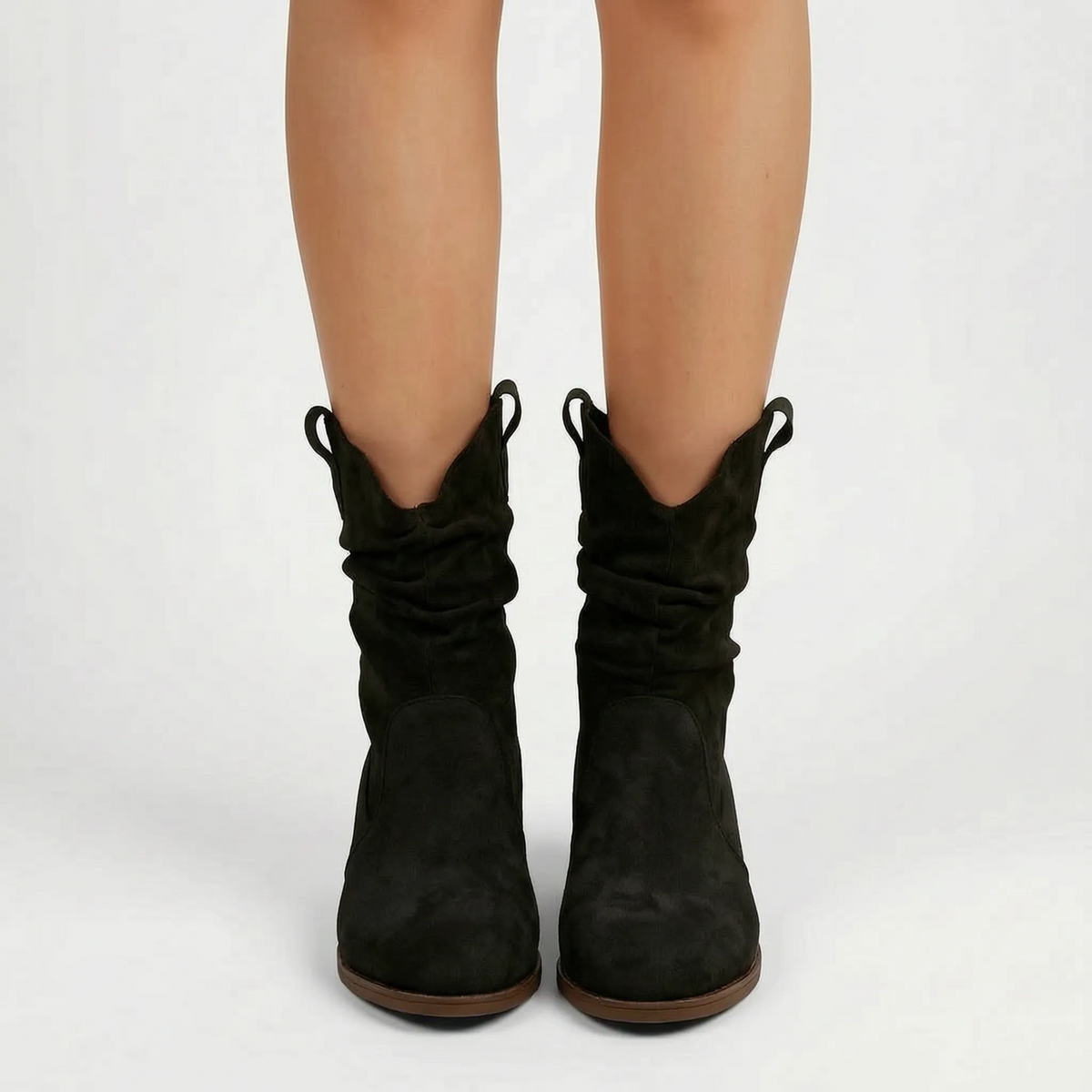 DrapeStrider | Ruched Calf-Height Slouch Boots